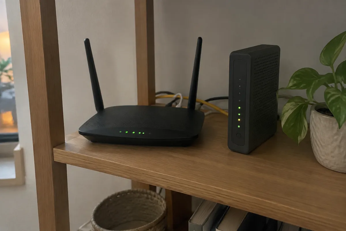a wireless router and a modem on a wooden shelf with a few short cables and a small plant, soft evening light