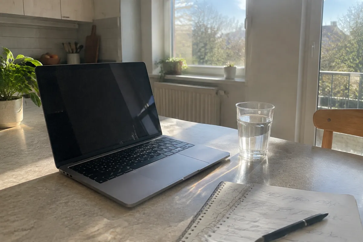 a sunlit kitchen counter with a laptop, a notepad with scribbled lines and a glass of water, bright morning light