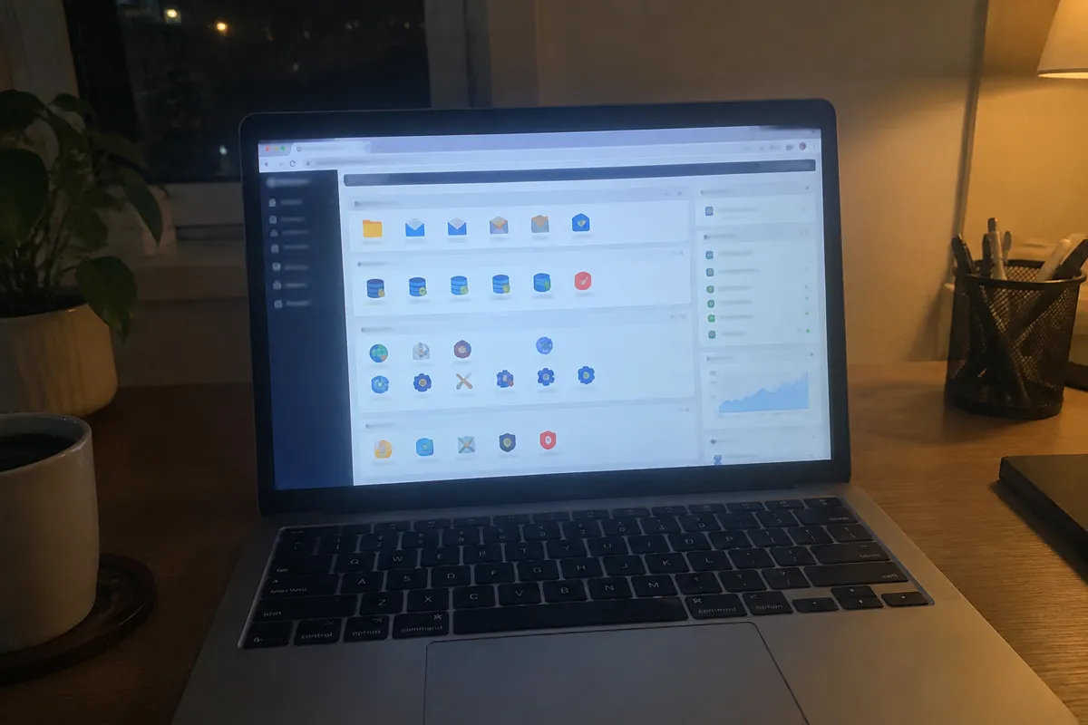 a phone held up photographing a laptop screen showing a cPanel-style hosting control panel with a large grid of colourful icons, home office