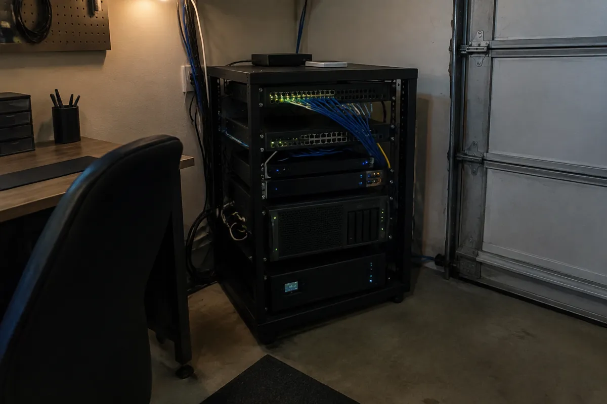 a small server rack in a corner of a garage office with patch cables and blinking port lights, dim overhead light