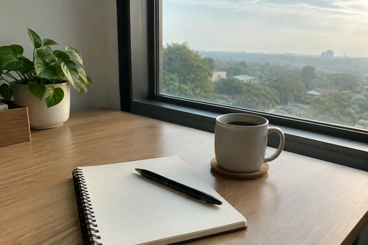 a notebook and a pen with a mug of coffee on a tidy desk beside a window, morning light