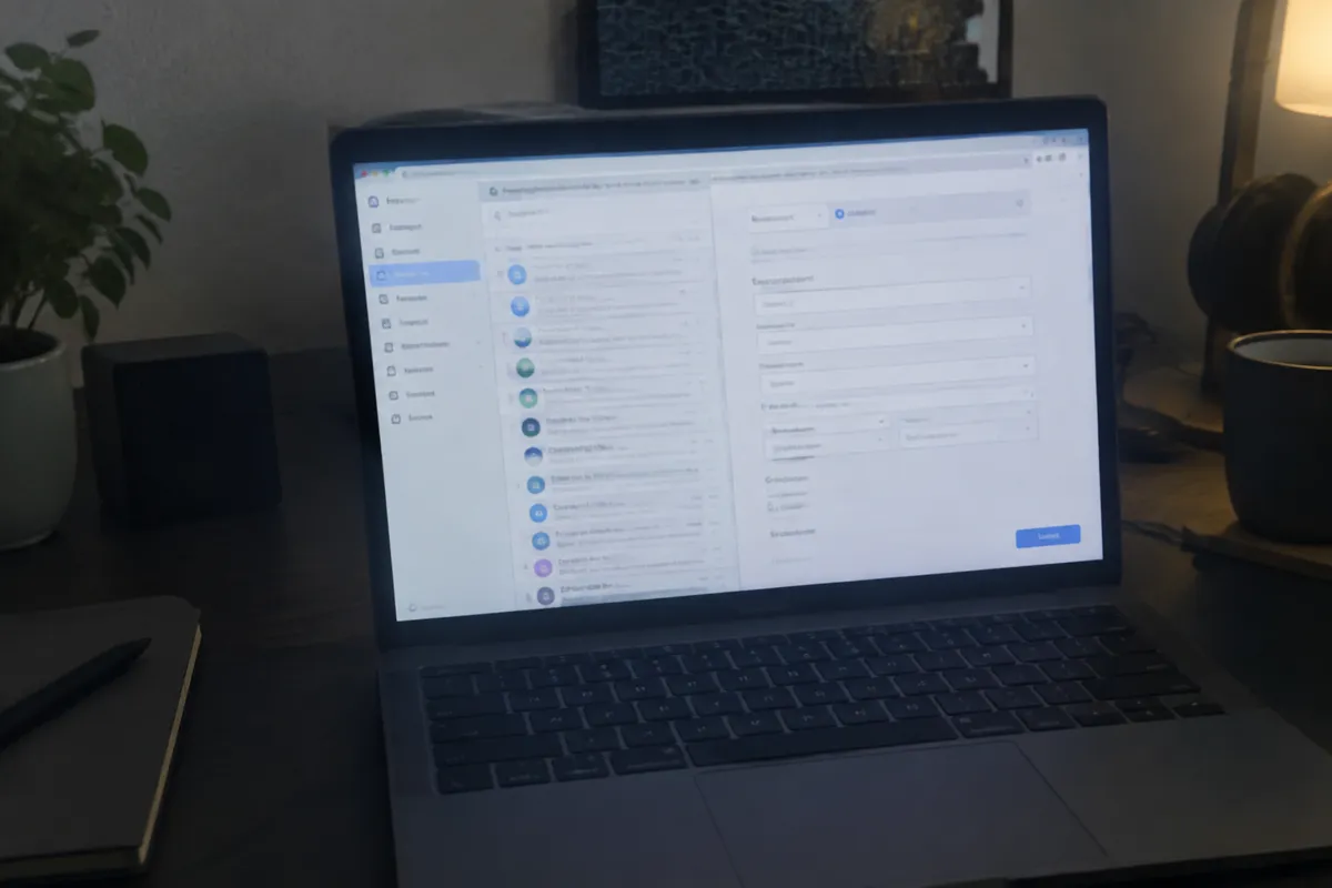 a phone held up photographing a laptop showing a webmail inbox and an email account setup form with mailbox settings fields, desk in a dim t