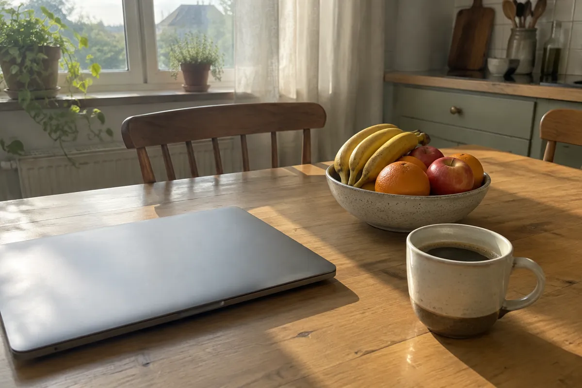 a sunlit kitchen table with a laptop closed beside a bowl of fruit and a coffee cup