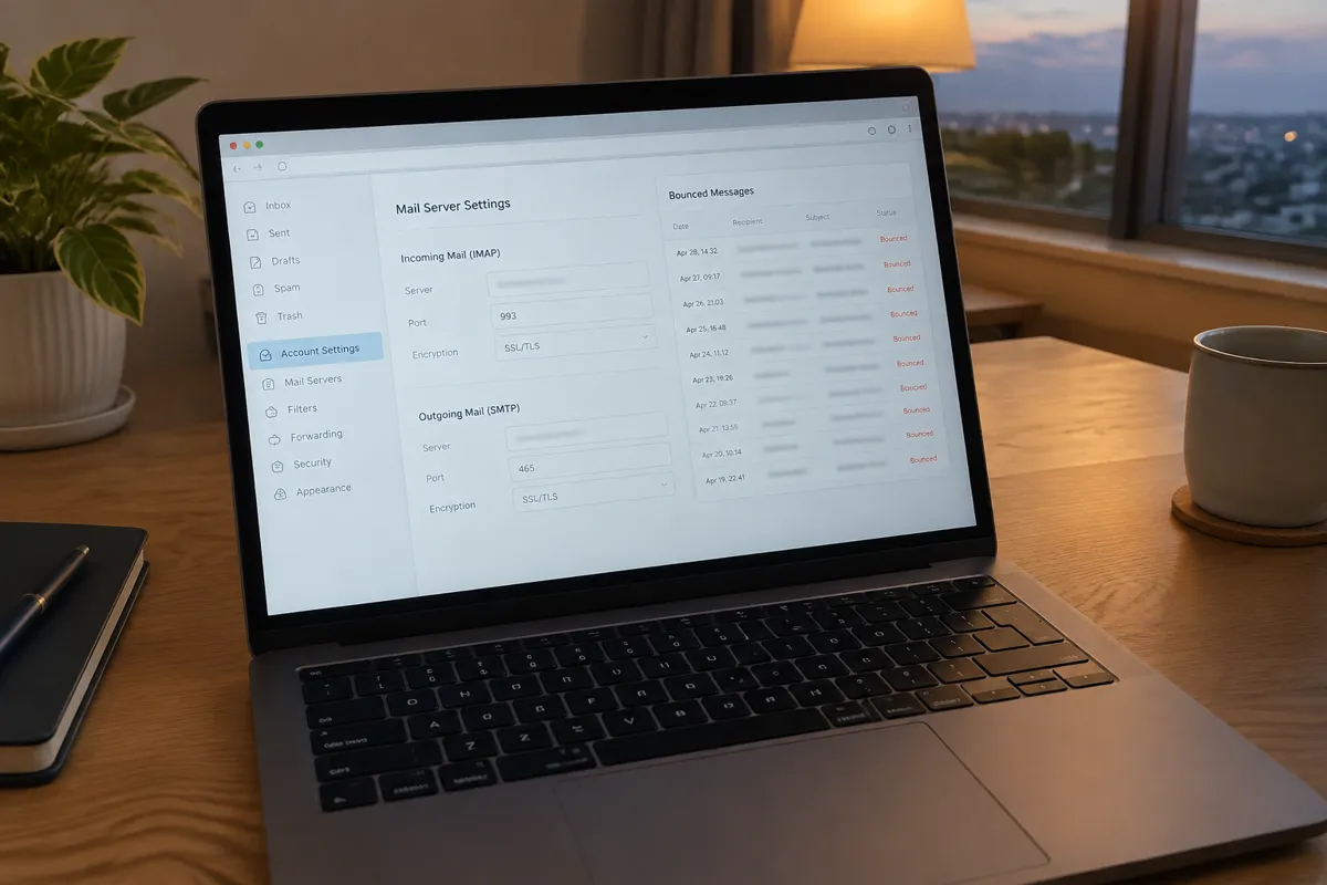 a hand holding a phone photographing a laptop showing a webmail account settings screen with mail server fields and a bounced message list, 