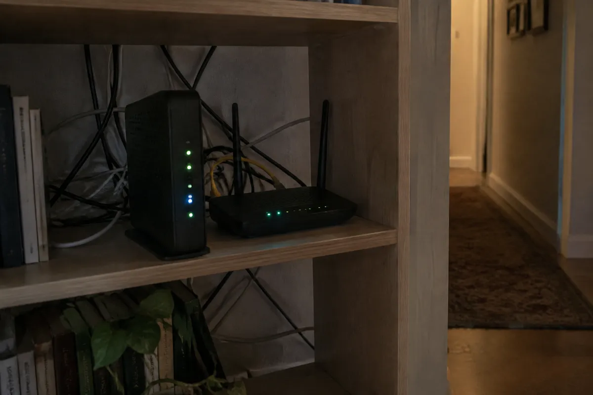 a modem and router on a bookshelf with a tangle of cables, a few status lights glowing, dim hallway light
