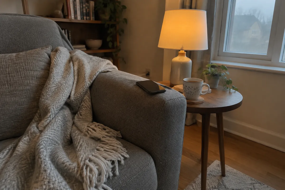 a sofa with a throw blanket, a phone resting on the armrest and a mug of tea on a side table, lamp light