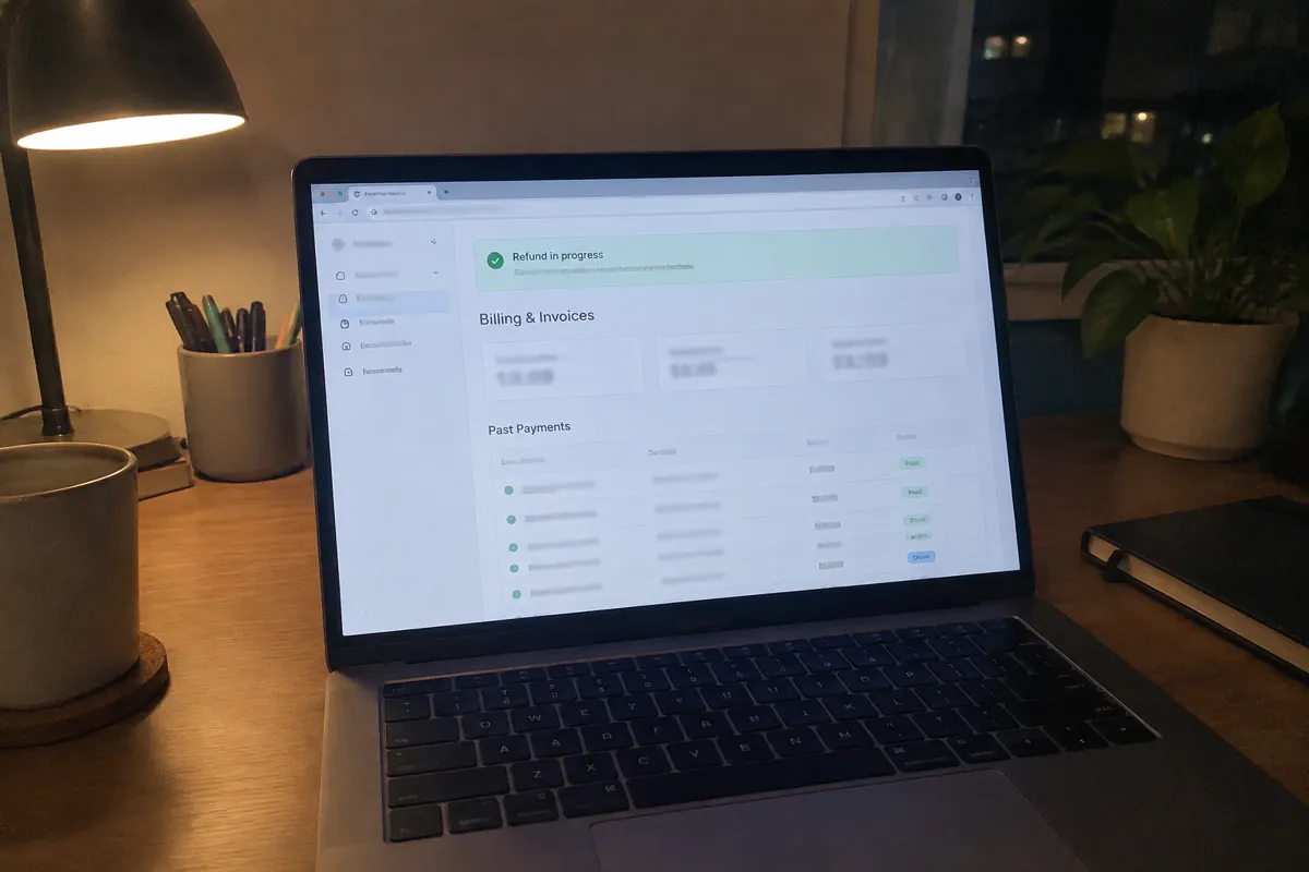 a phone held up photographing a laptop screen showing a billing and invoice page with a refund status banner and a list of past payments, a 