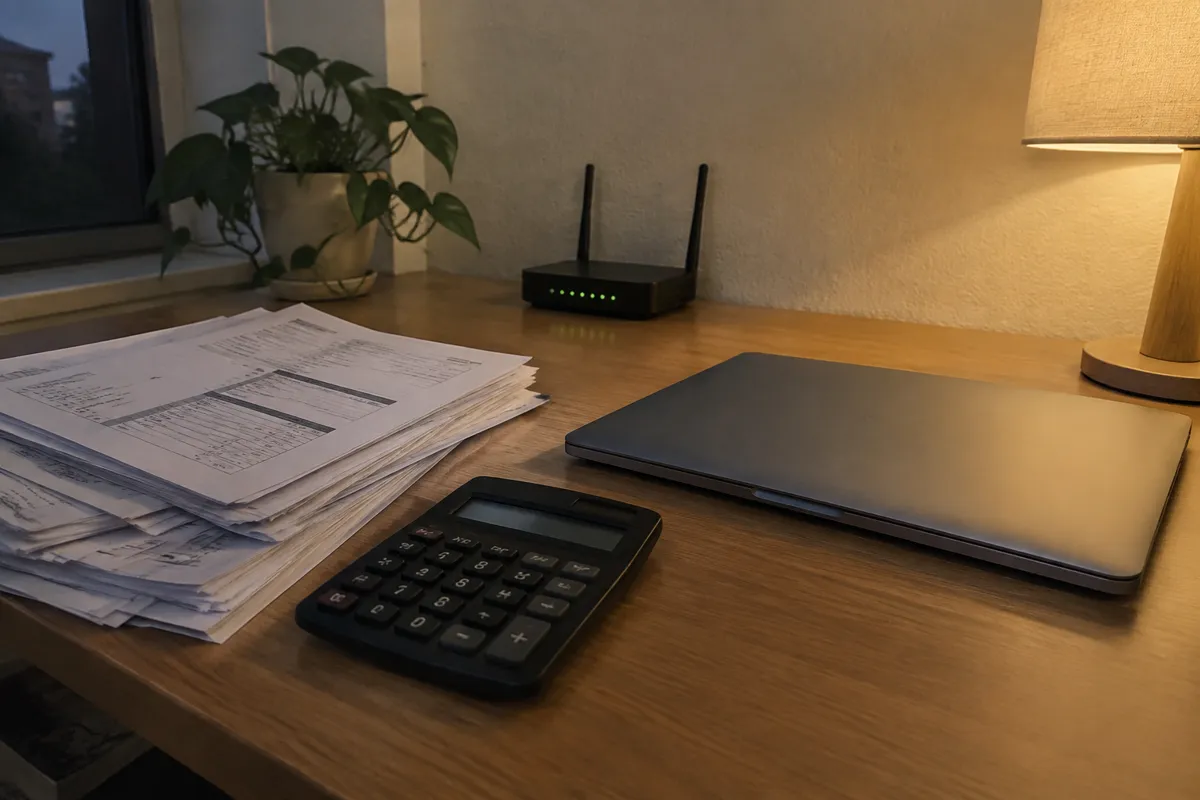 a stack of printed invoices and a calculator beside a closed laptop and a small router on a desk, evening lamp light