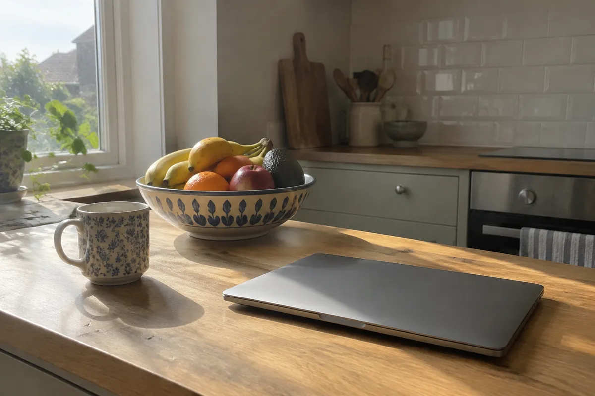 a kitchen counter with a fruit bowl, a mug and a laptop folded shut, sunlight on the worktop