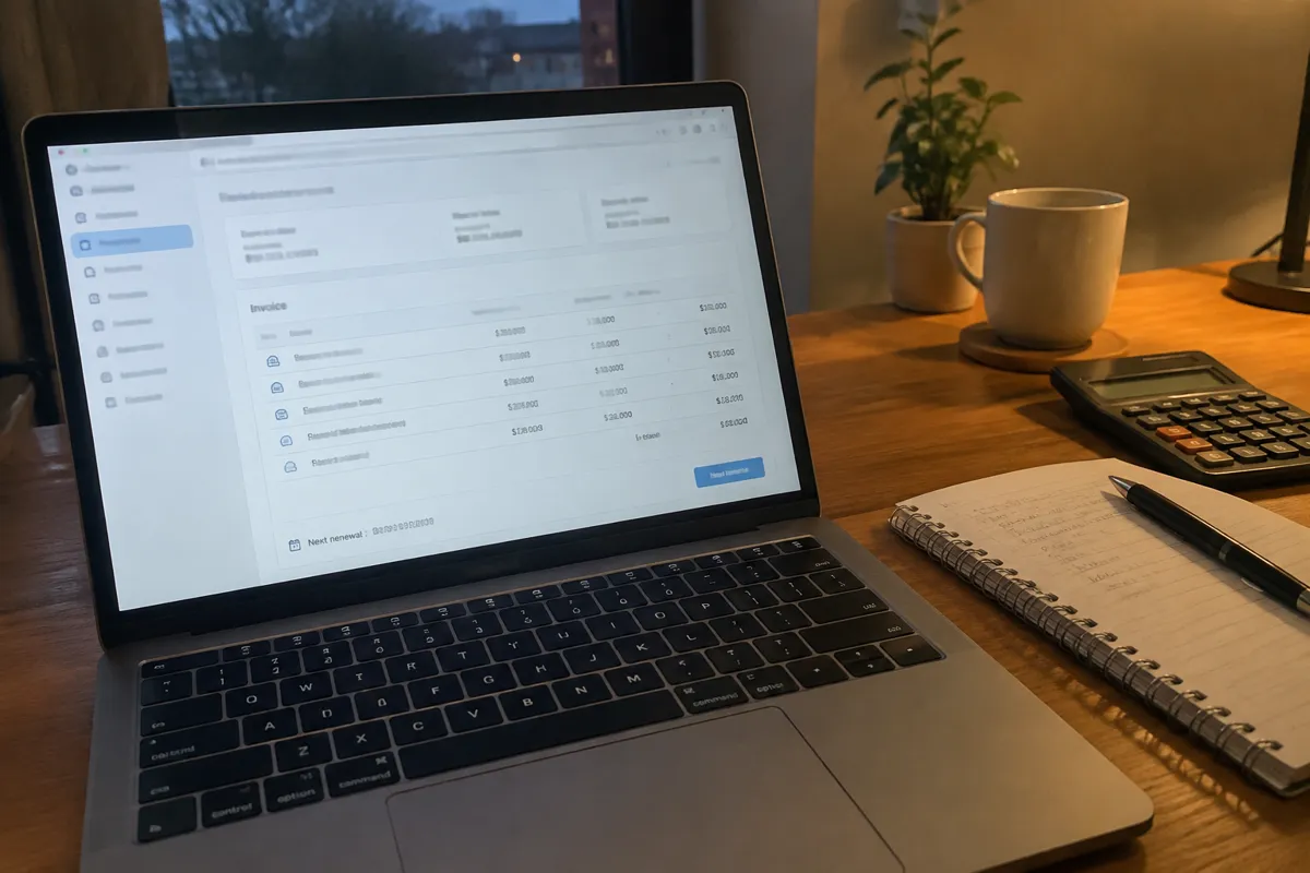 a hand holding a phone photographing a laptop showing a hosting billing and invoice page with a table of line items and a renewal date, even