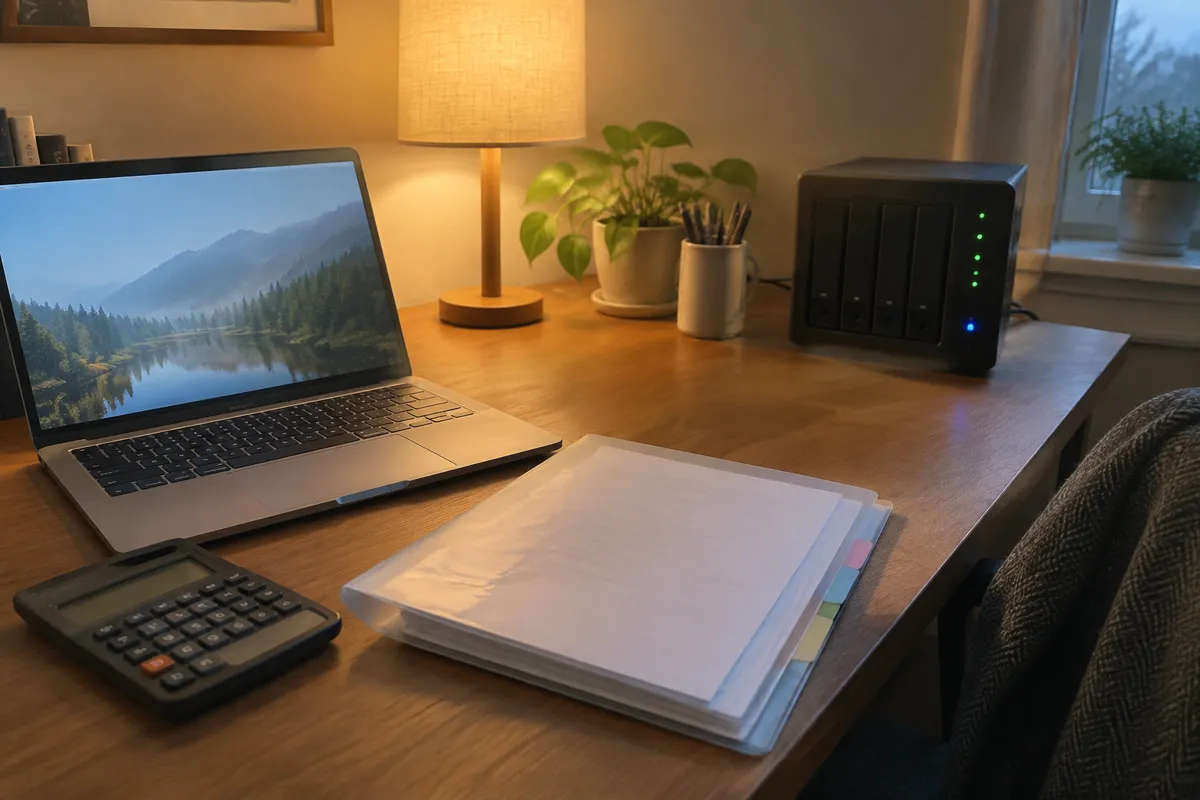 a desk with a laptop, a calculator and a printed bills folder next to a small home server with blinking LEDs, warm lamp light