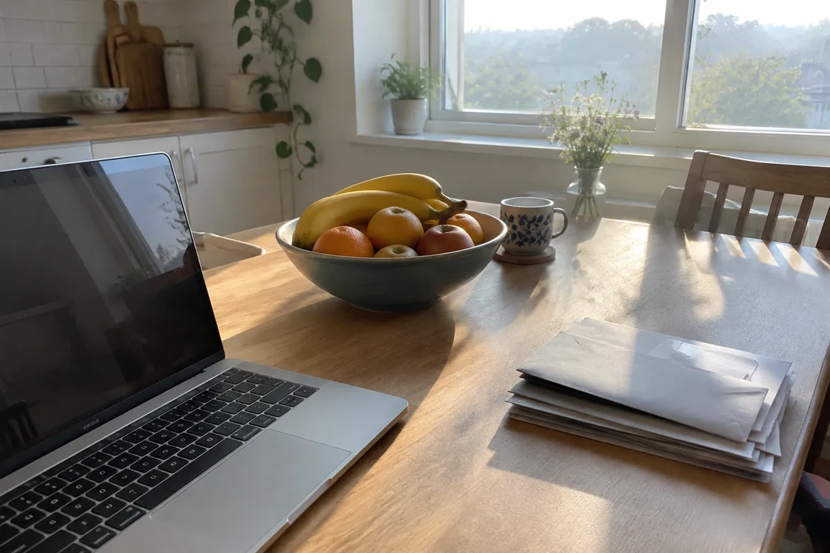 a sunlit kitchen table with a fruit bowl, a laptop and a pile of unopened envelopes, bright morning light