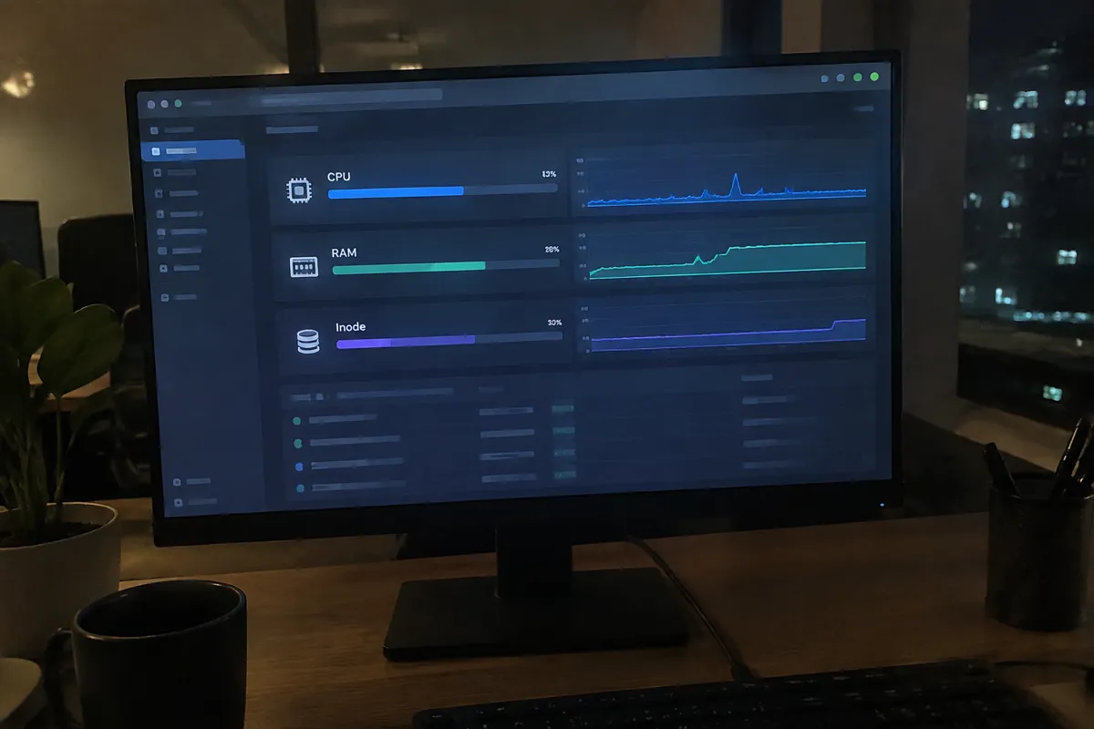 a phone held up photographing a monitor showing a server resource usage panel with CPU, RAM and inode bar graphs, dim techy office at night