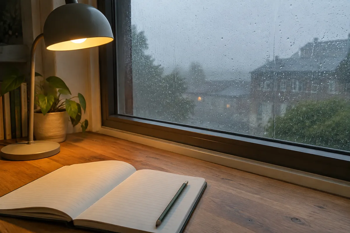 a desk lamp, a notebook and a pencil on a wooden desk by a rainy window