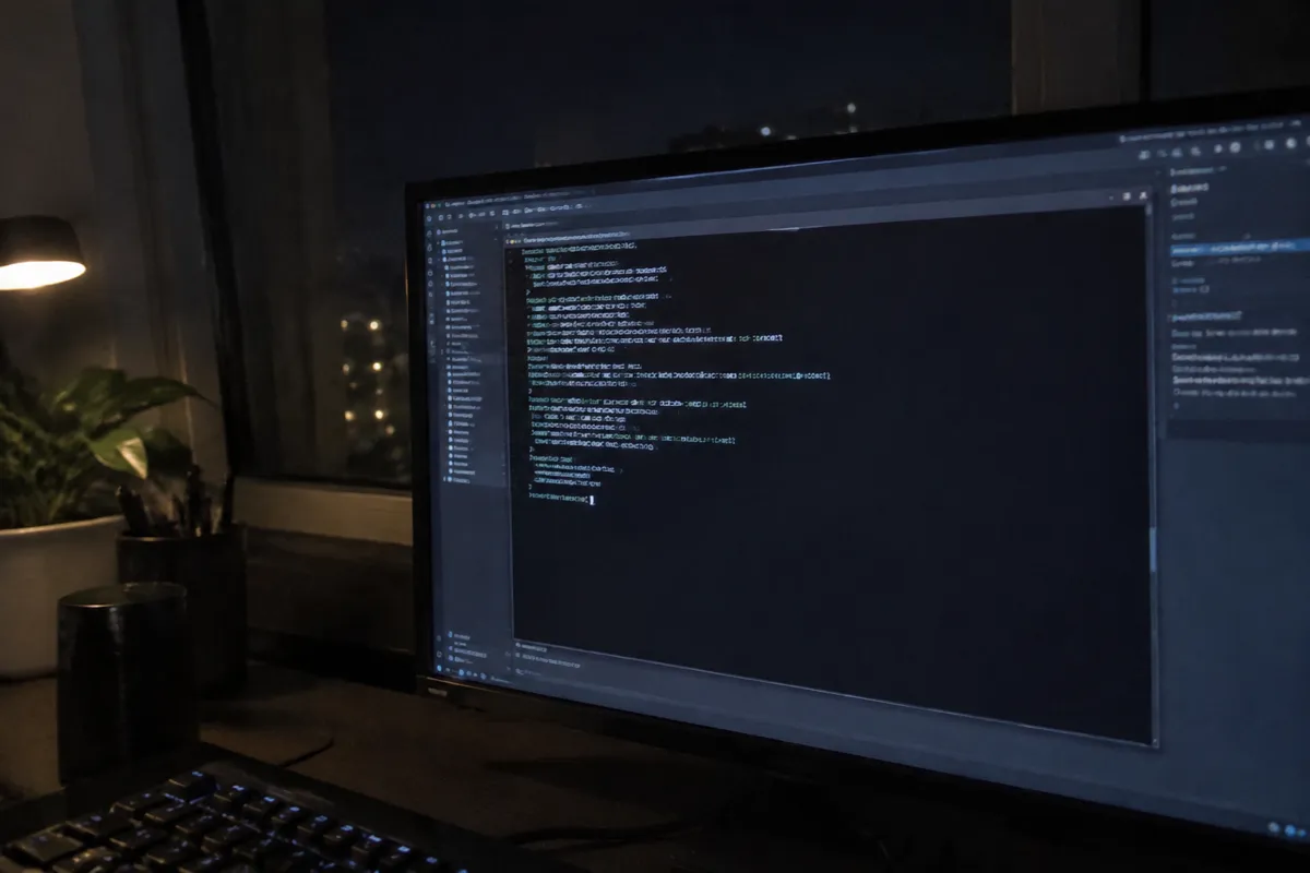 a hand holding a phone photographing a dark server terminal window with lines of command output and a blinking cursor on a monitor, night ti
