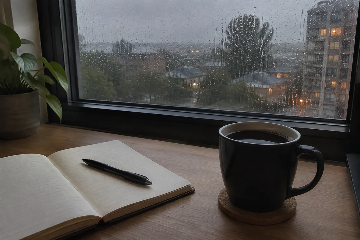 a notebook and black coffee on a desk beside a rainy window, grey evening light
