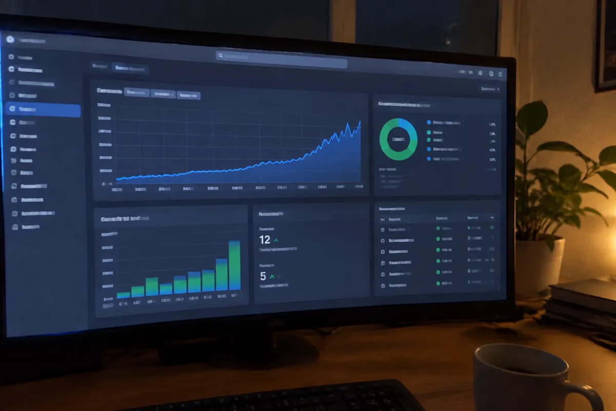 a phone held up toward a monitor showing a cloud console with a CPU usage graph climbing and instance counts in a dashboard, evening home of