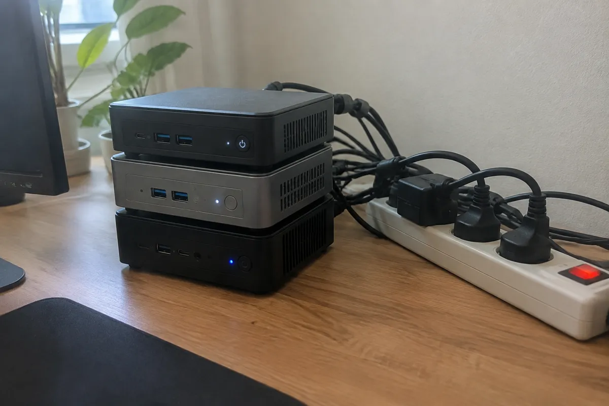 a stack of three small mini PCs on a desk with blinking LEDs and a power strip full of plugs