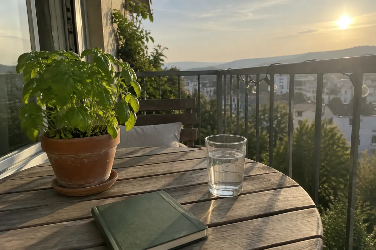 a balcony table with a potted herb, a notebook and a glass of water in late afternoon sun