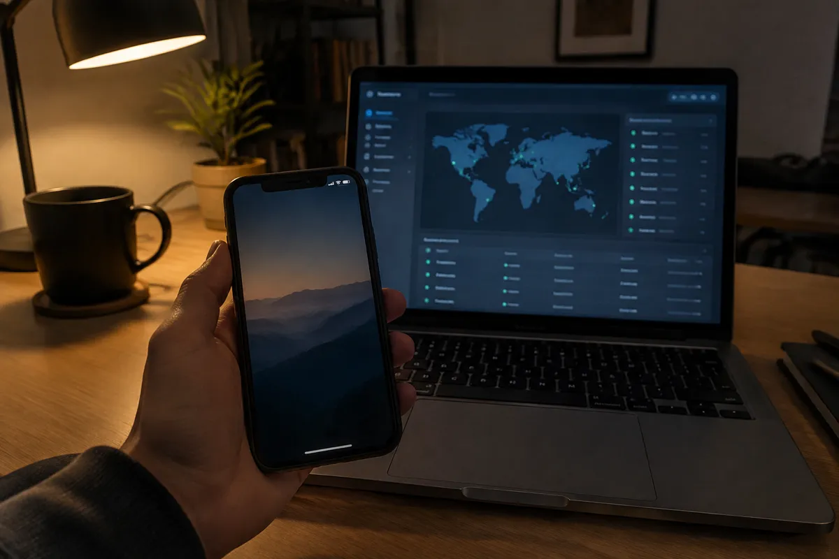 a hand holding an iPhone up to a laptop in a dim home office at night, the laptop showing a cloud console with a world map and a list of ser