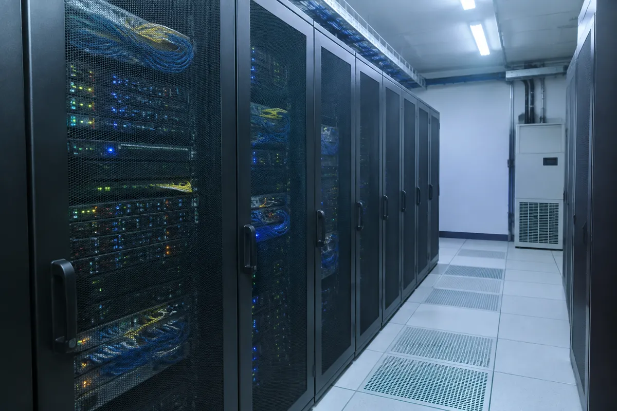 a neat row of server racks in a small cool server room with blinking LEDs and tidy cable runs, bluish fluorescent light and a raised floor