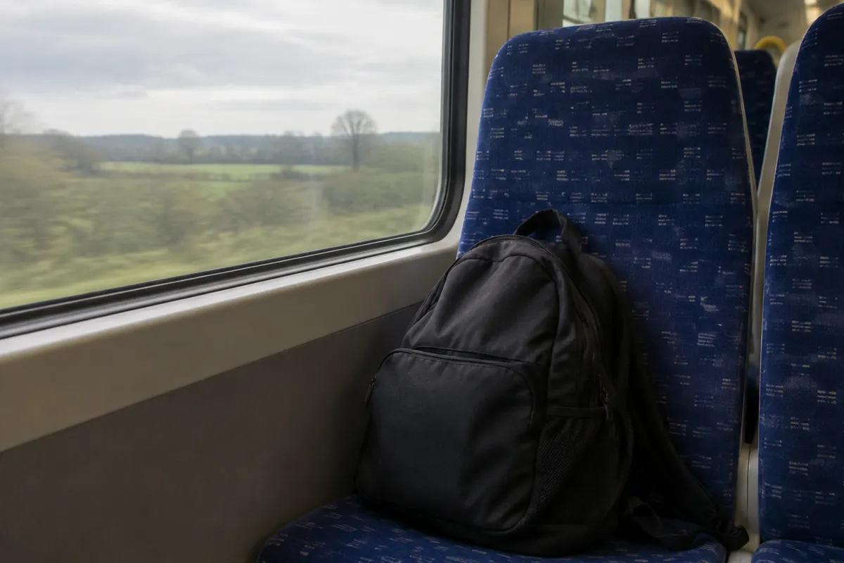a train window seat with a backpack on the next seat and blurred countryside outside, soft afternoon light