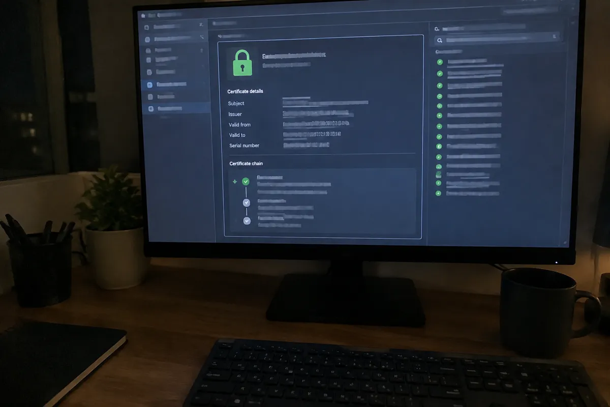 a phone held up photographing a monitor showing an SSL/TLS certificate panel with a green padlock icon and a list of certificate entries, te