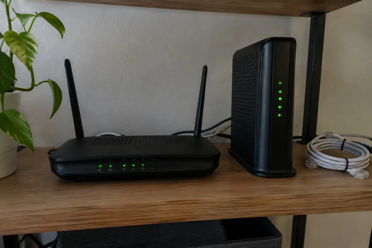 a home router and a modem on a wooden shelf with small green LEDs lit, a coiled cable beside them