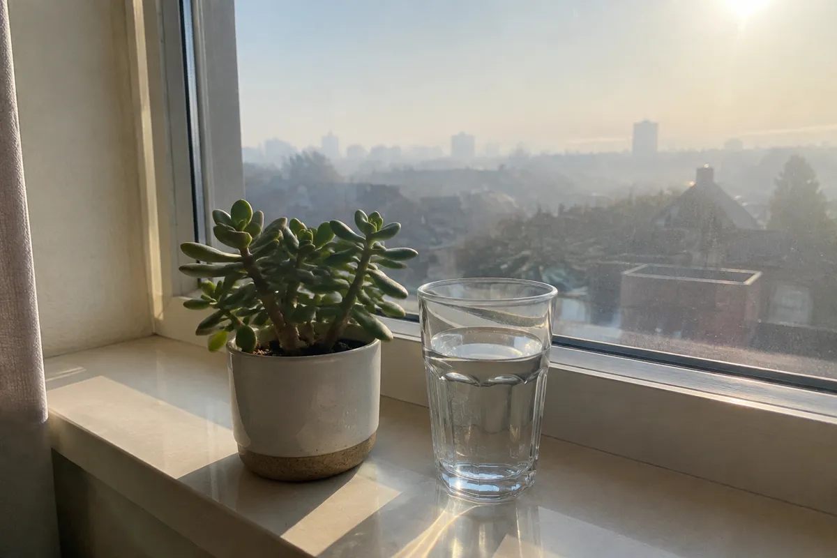 a sunlit windowsill with a small succulent in a pot and a glass of water, bright morning haze