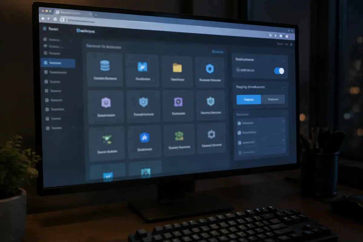 a phone held up photographing a monitor showing a hosting control panel with a grid of icons and a staging environment toggle panel, night t