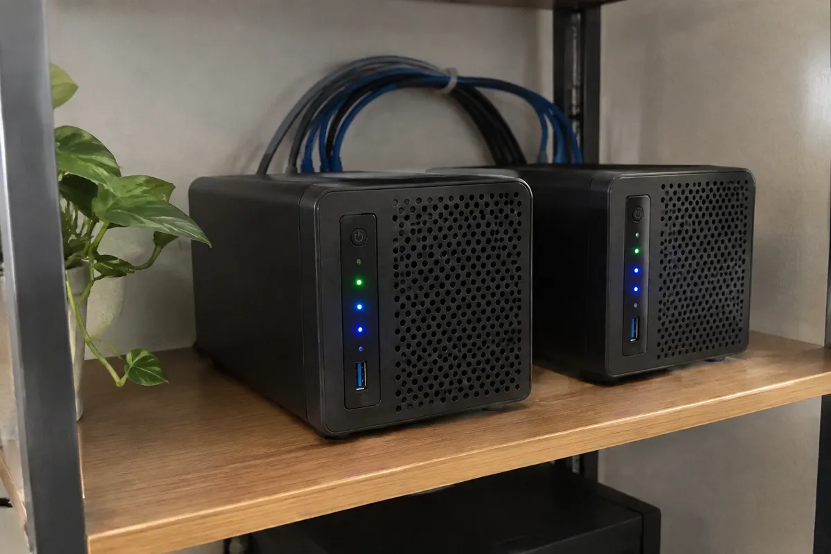 a mini home server with blinking LEDs beside a second identical mini server on a shelf, cables looped neatly behind them