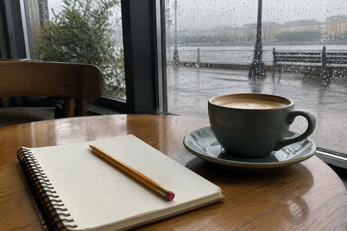 a notebook, a pencil and a cup of coffee on a cafe table by a rainy window