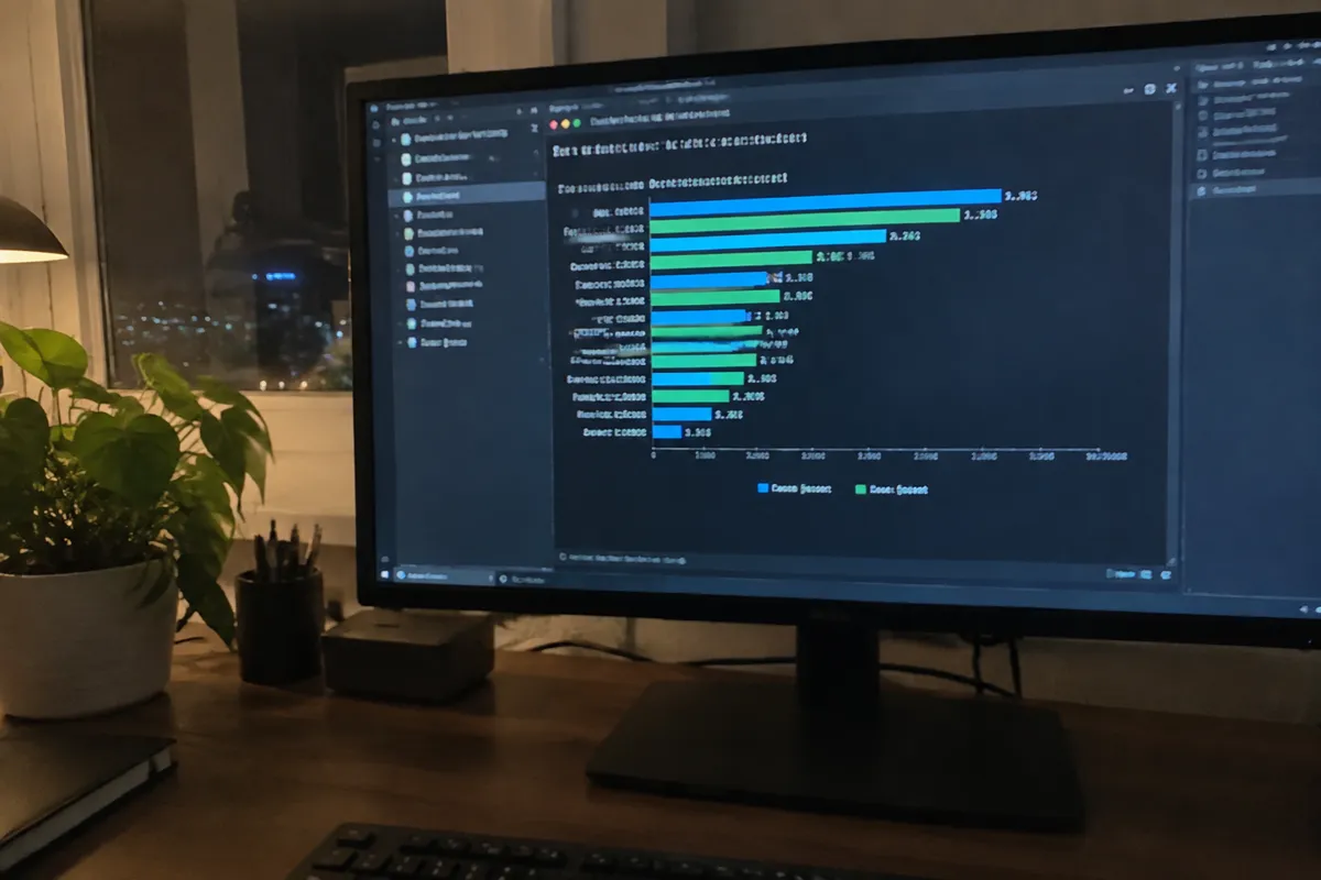 a hand holding a phone photographing a monitor showing a server terminal with a disk speed benchmark bar graph, techy home office at night