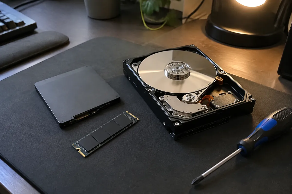 a small NVMe drive and a 2.5 inch SSD lying beside an old spinning hard drive on a desk mat, a screwdriver nearby, desk lamp light