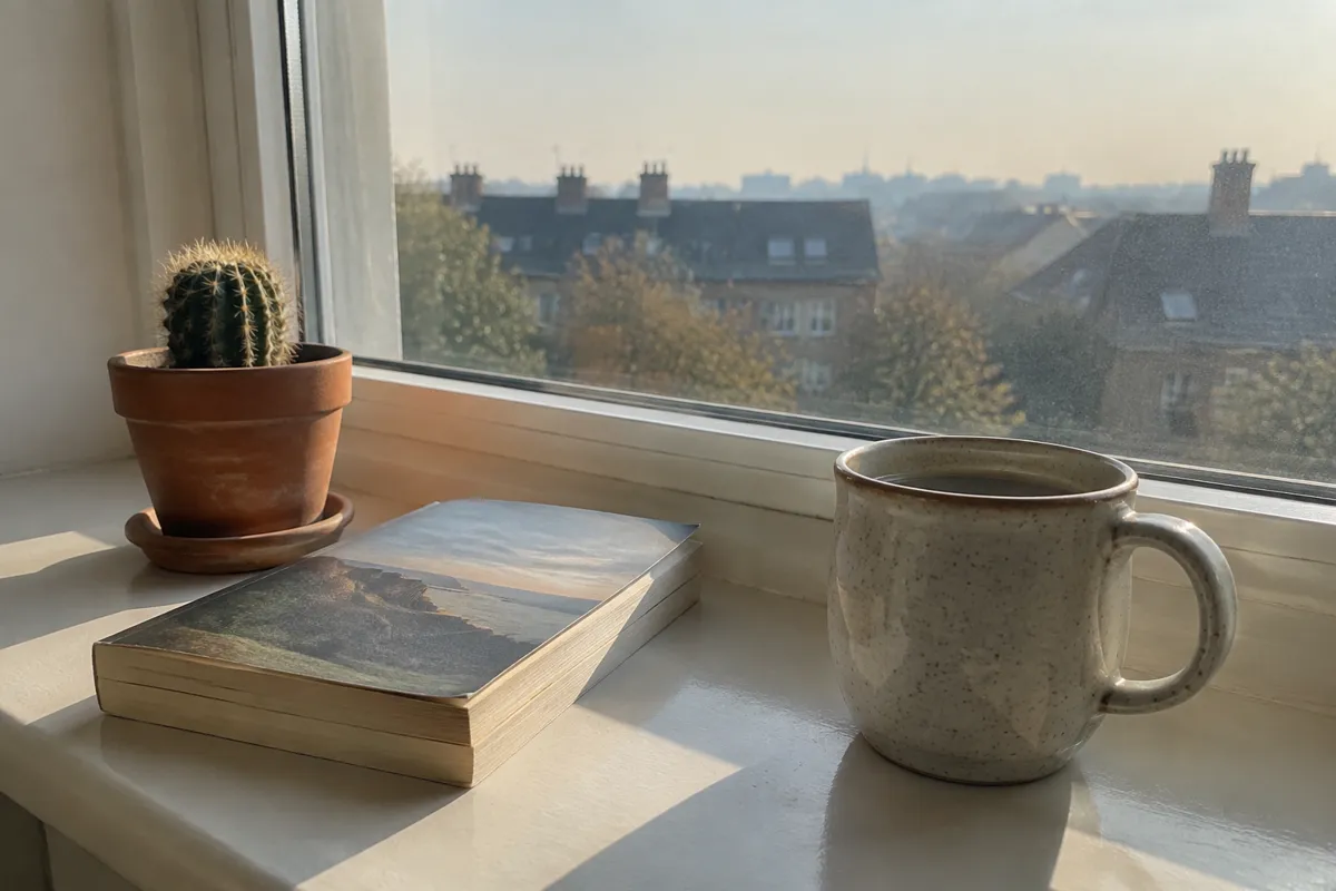 a sunlit windowsill with a small cactus, a paperback book and a ceramic mug, quiet morning