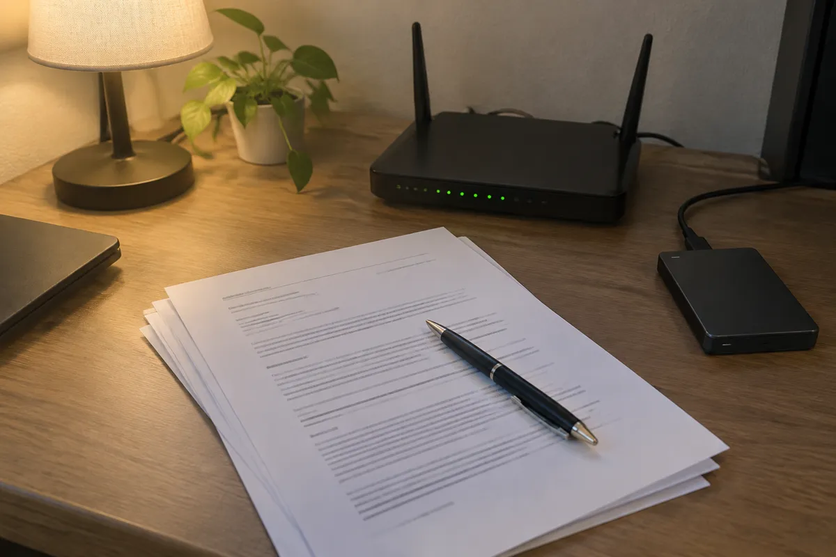 a printed multi-page agreement with a pen resting on it beside a router and an external drive on a desk, lamp light