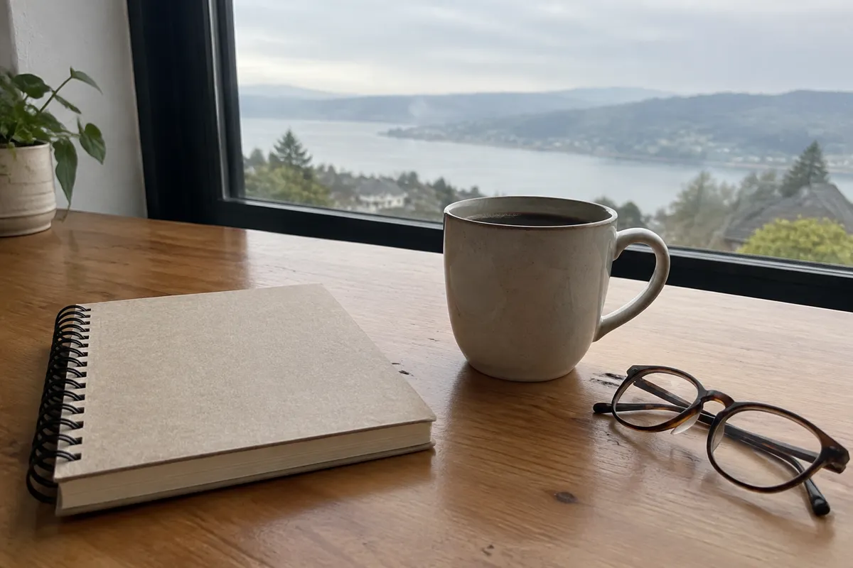 a notebook and coffee on a wooden table by a window, a pair of reading glasses beside them