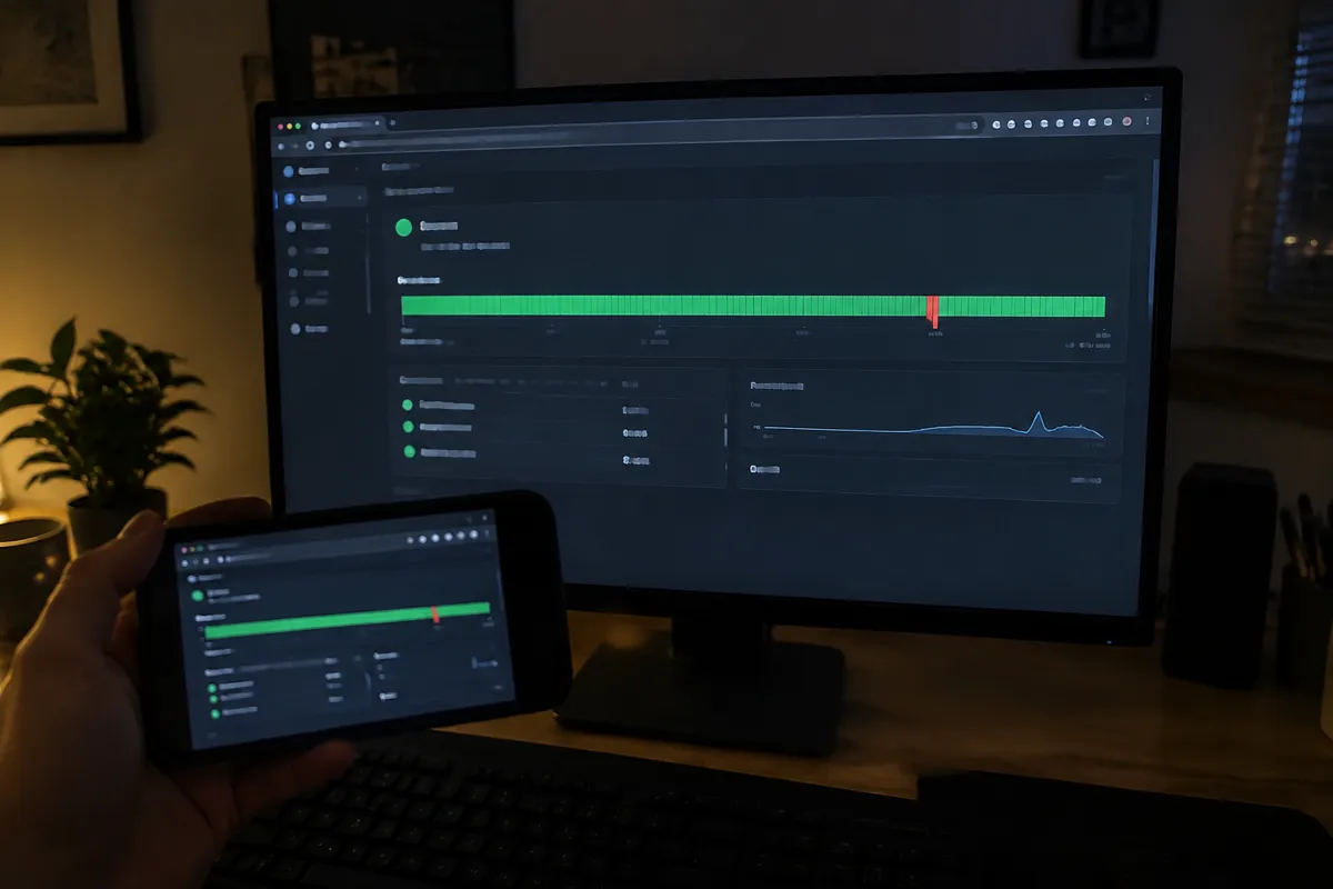 a hand holding a phone photographing a monitor showing an uptime monitor graph with a long green bar and a small red dip, a dark home office