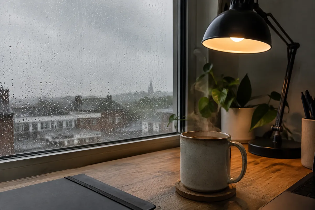 a rainy window with droplets beside a desk lamp and a steaming mug on a desk, moody grey light
