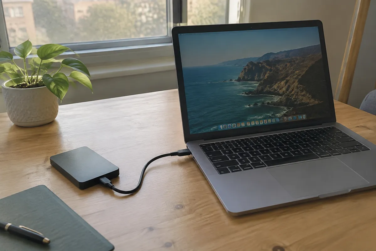 a tidy desk with an external drive plugged into a laptop, a small potted plant and a notebook, warm daylight