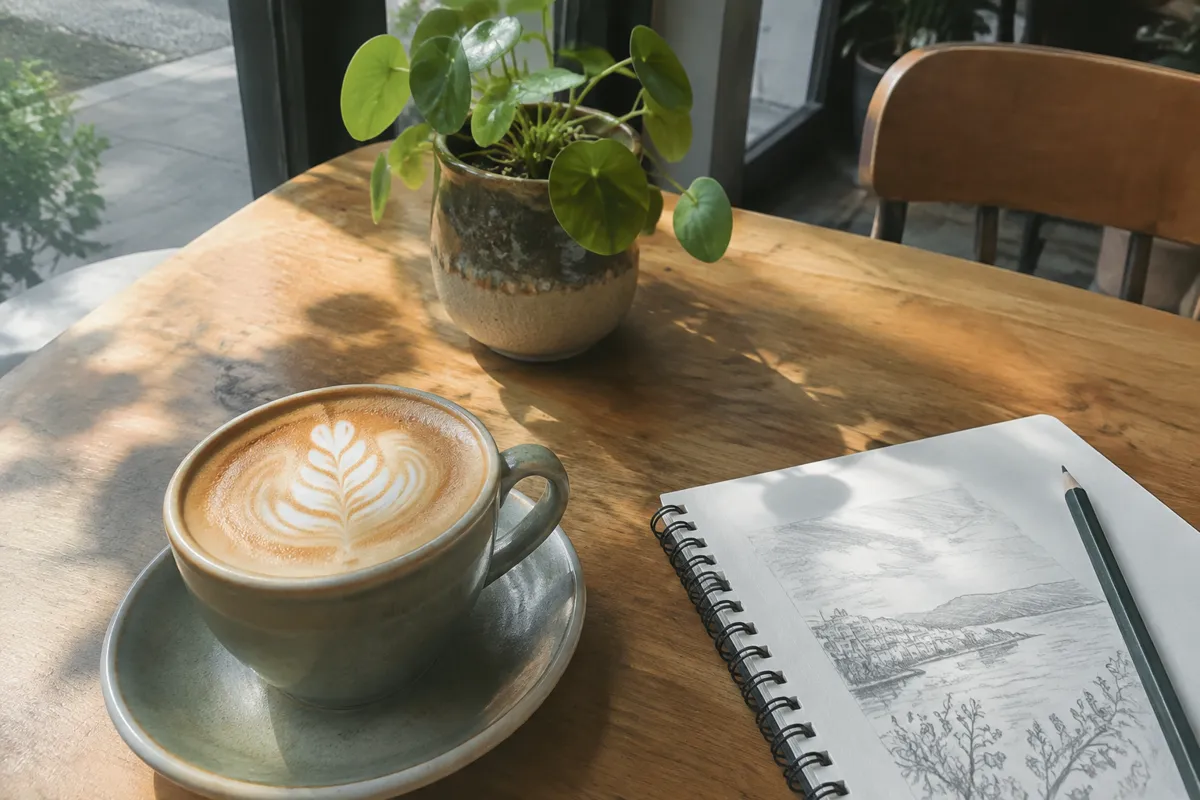 a sunny cafe table with a latte, a small plant in a pot and a sketchbook