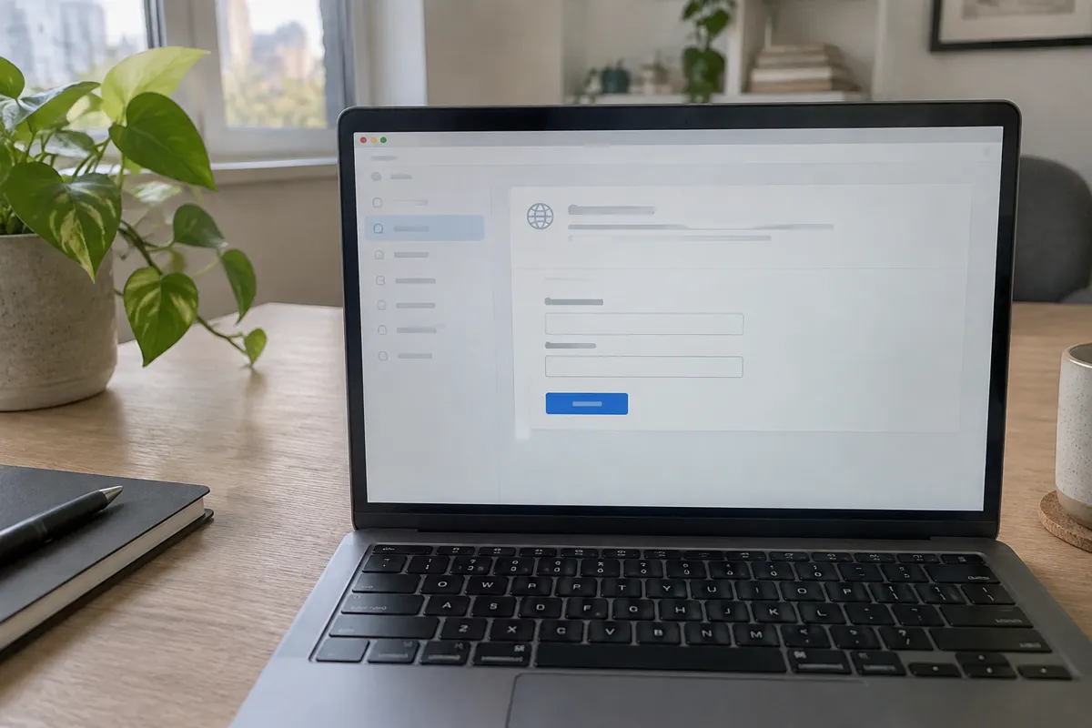 a hand holding a phone photographing a laptop showing a domain management page with two nameserver input fields and a save button, bright ho