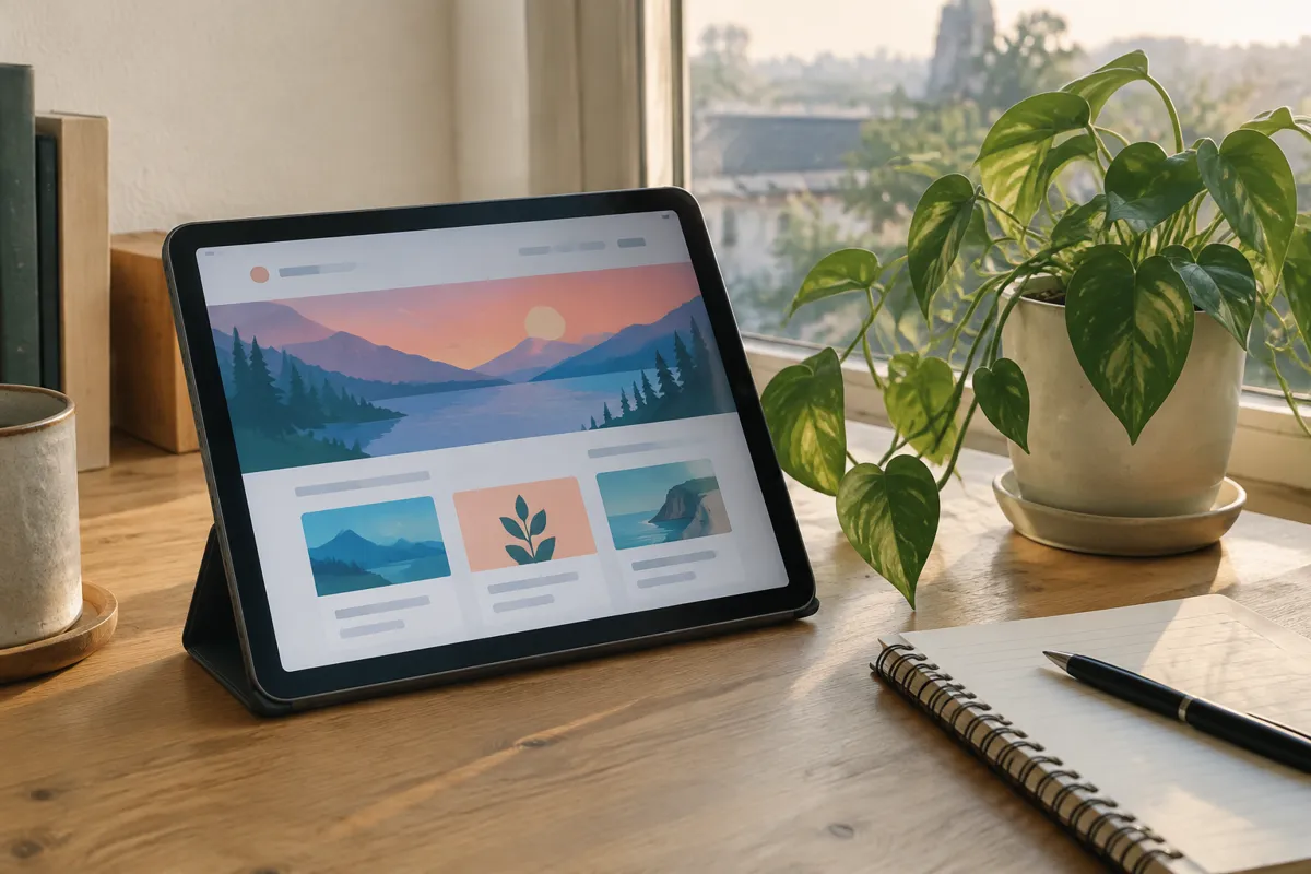 a tablet showing a colourful website mockup propped on a tidy desk beside a notebook and a pot plant, warm morning light