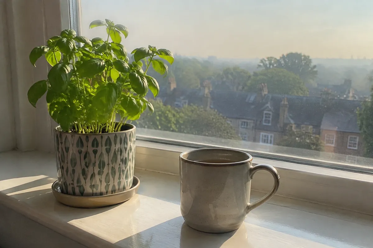 a sunlit windowsill with a small potted herb and a ceramic mug, soft morning haze