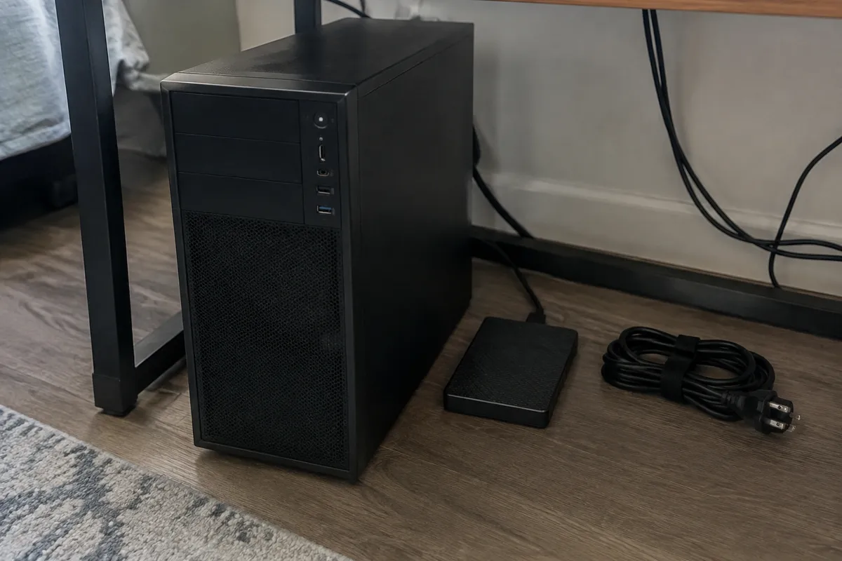 a desktop tower on a floor next to an external drive and a coiled power cable under a desk