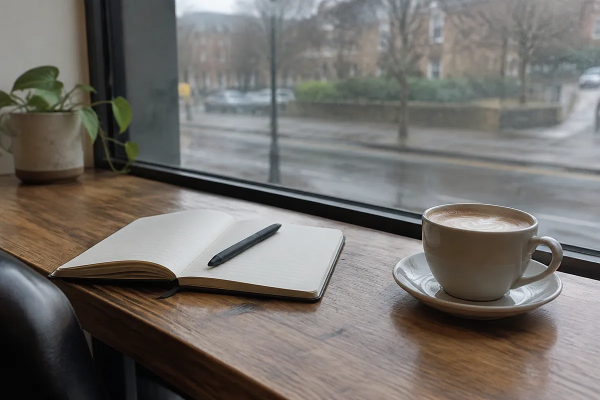 a cafe window seat with a notebook, pen and a cup of coffee, blurred street outside