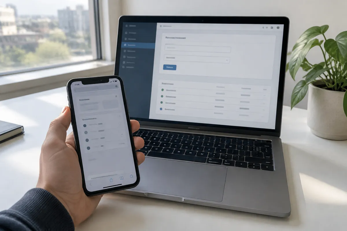 a hand holding an iPhone up to a laptop on a bright desk, the laptop showing a managed hosting panel with a form to add a new subdomain and 
