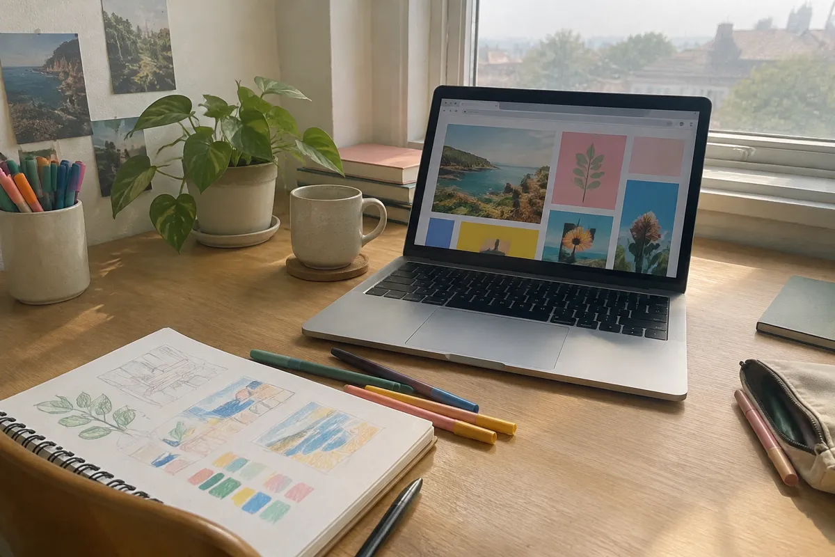a designer's desk with a laptop showing a colourful website layout, a sketchbook, coloured pens and a small plant, warm daylight