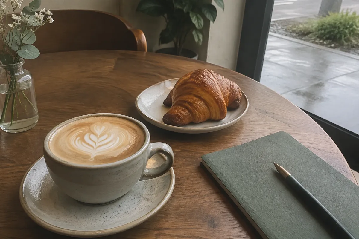 a cafe table with a latte, a croissant on a small plate and a notebook, soft window light