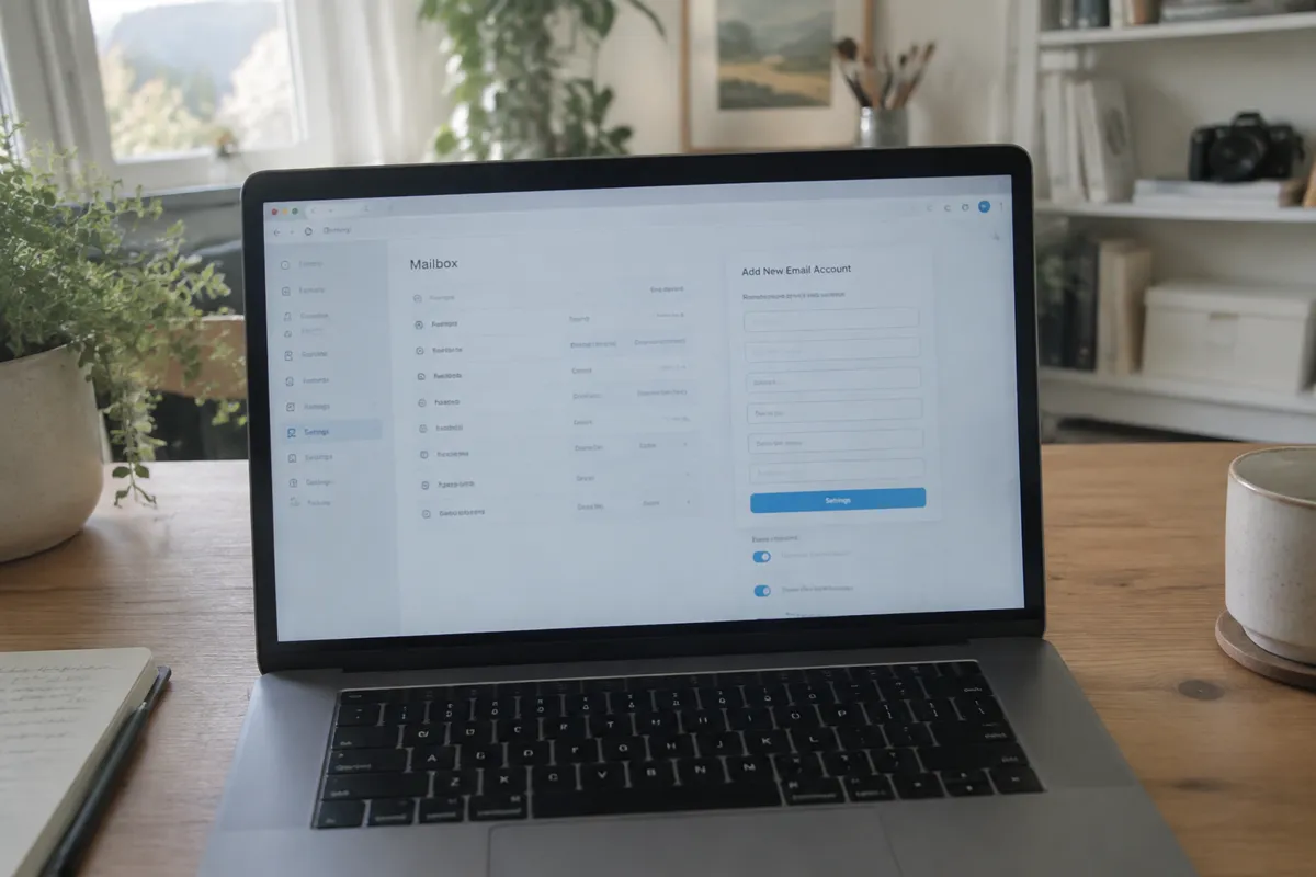 a phone held up photographing a laptop in a bright home studio, the screen showing a webmail settings page with mailbox fields and a new ema